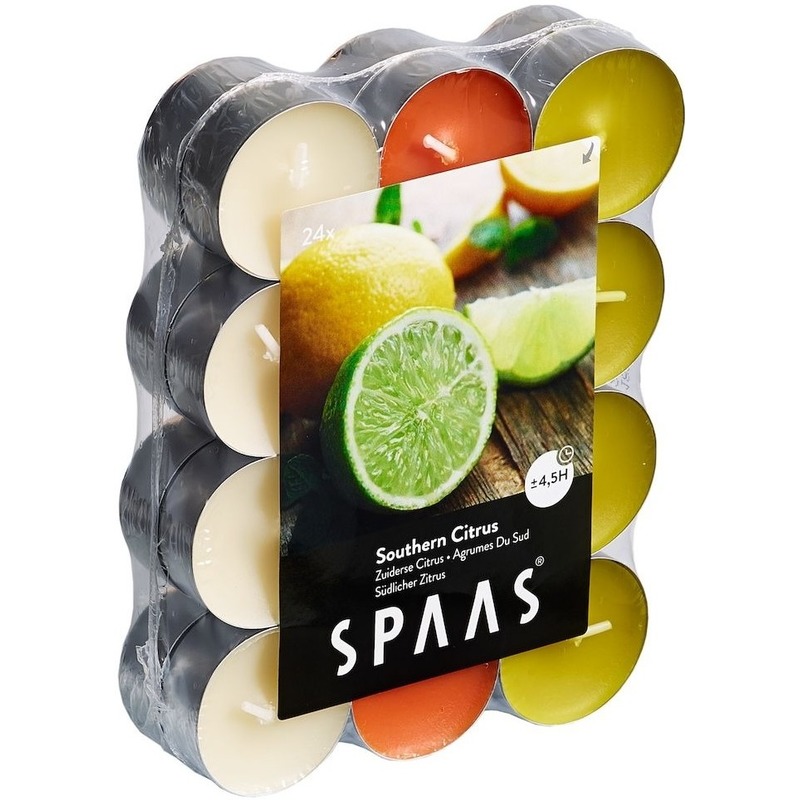 Spaas 24x Geurtheelichtjes Southern Citrus 4,5 branduren - Geurkaarsen citrus geur - Waxinelichtjes - Anti-muggen citronella