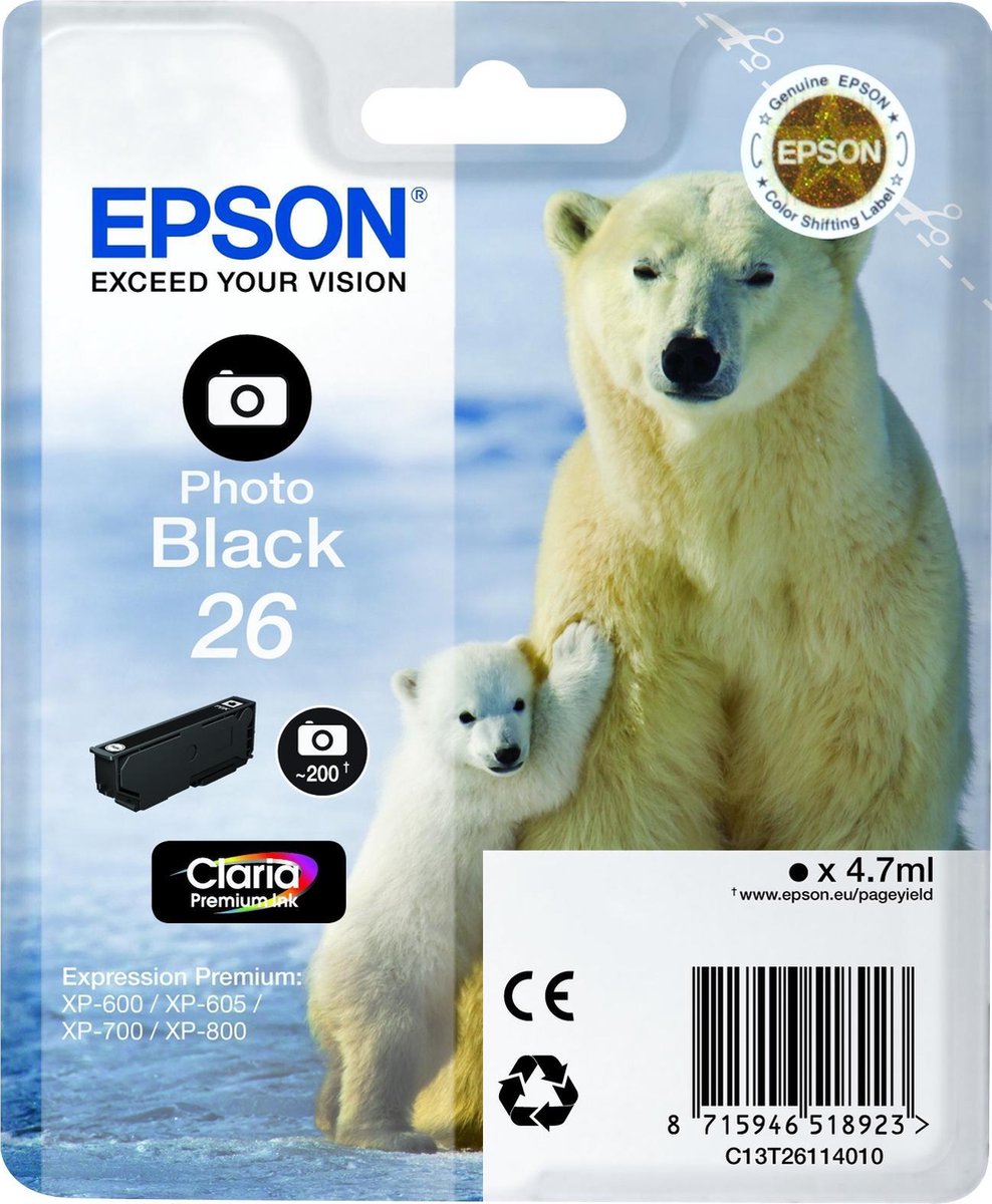 Epson 26 (T2611) - Inktcartridge / Foto - Zwart