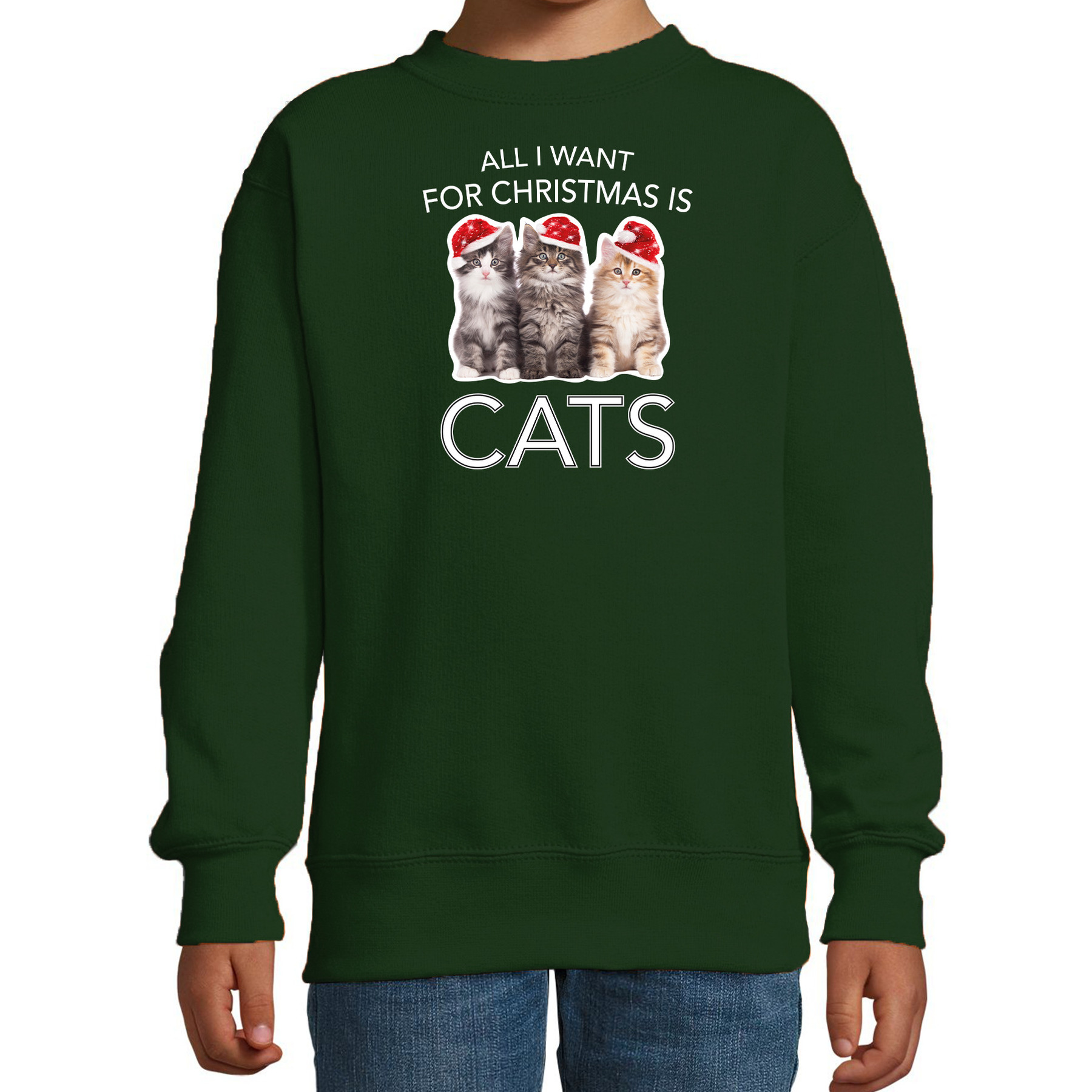 Bellatio Decorations Kitten Kerstsweater / Kerst trui All I want for Christmas is cats voor kinderen - Kerstkleding / Christmas outfit - Groen