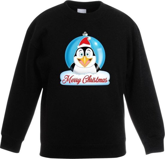 Kersttrui Merry Christmas pinguin kerstbal jongens en meisjes - Kerstruien kind - Zwart