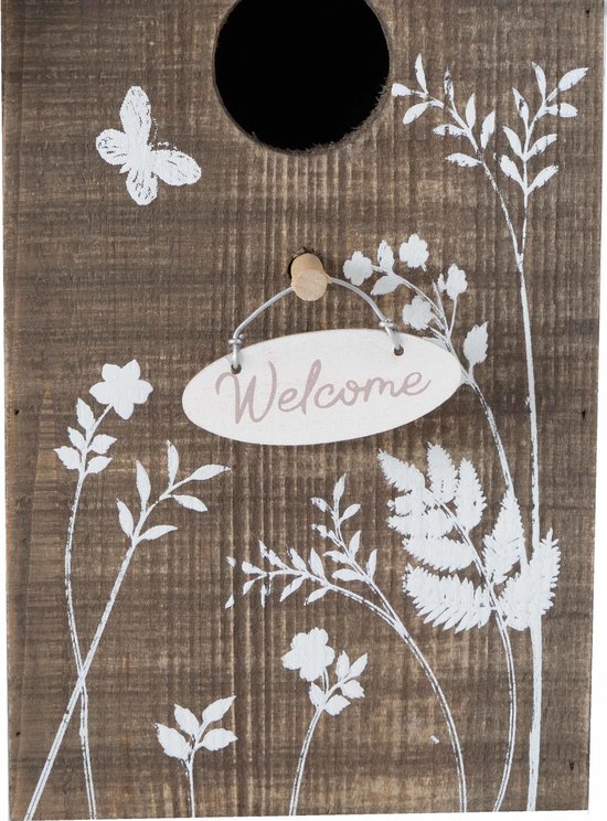 Vogelhuisje/nestkastjes Welcome hout 22 cm - Vogelhuisjes tuindecoraties - Bruin