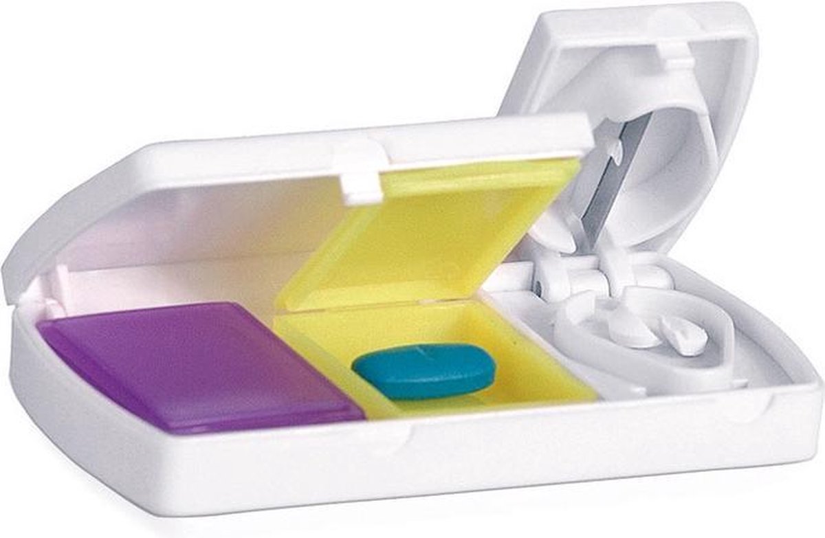 Comfort Aid 1x Medicijnen doos/pillendoos 2-vaks met mesje splitter/splitser 9 cm - Reisformaat - Drogisterij/persoonlijke verzorging accessoires - Wit