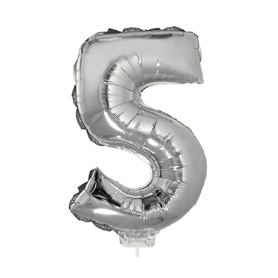 Zilveren opblaas cijfer ballon 5 op stokje 41 cm - Silver
