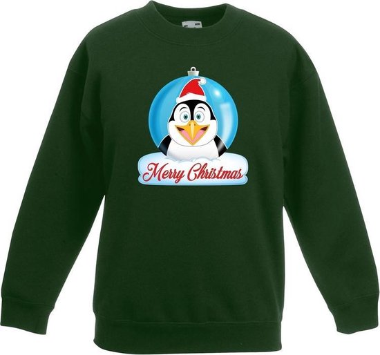 Kersttrui Merry Christmas pinguin kerstbal jongens en meisjes - Kerstruien kind - Groen