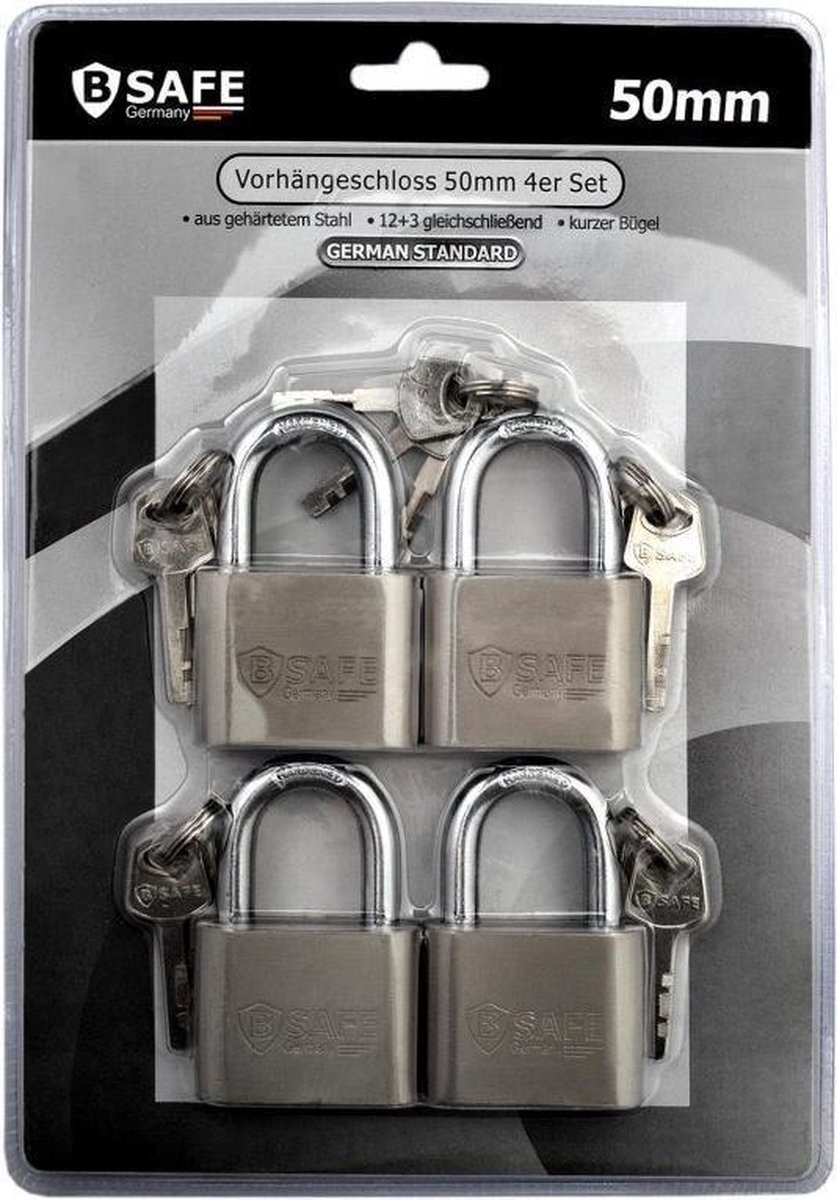 Set van 4x hangsloten met korte beugel - 5 x 7,5 cm - Gelijk gecodeerd - veiligheidsslot staal - sloten / koffersloten - Silver