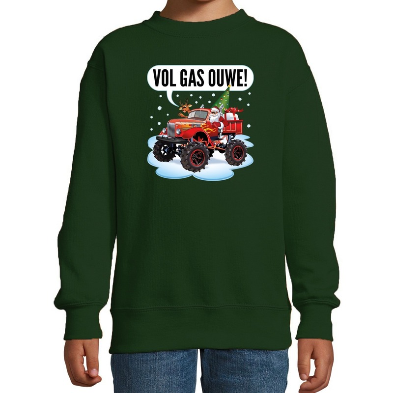 Bellatio Decorations Foute kersttrui / sweater monstertruck - vol gas ouwe - stoeree kersttrui voor kinderen - kerstkleding / christmas outfit - Groen