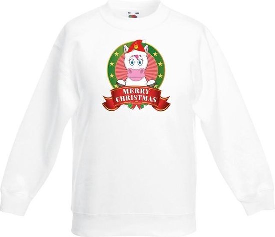 Bellatio Decorations Kerst sweater / Kersttrui voor kinderen met eenhoorn print - wit - jongens en meisjes trui