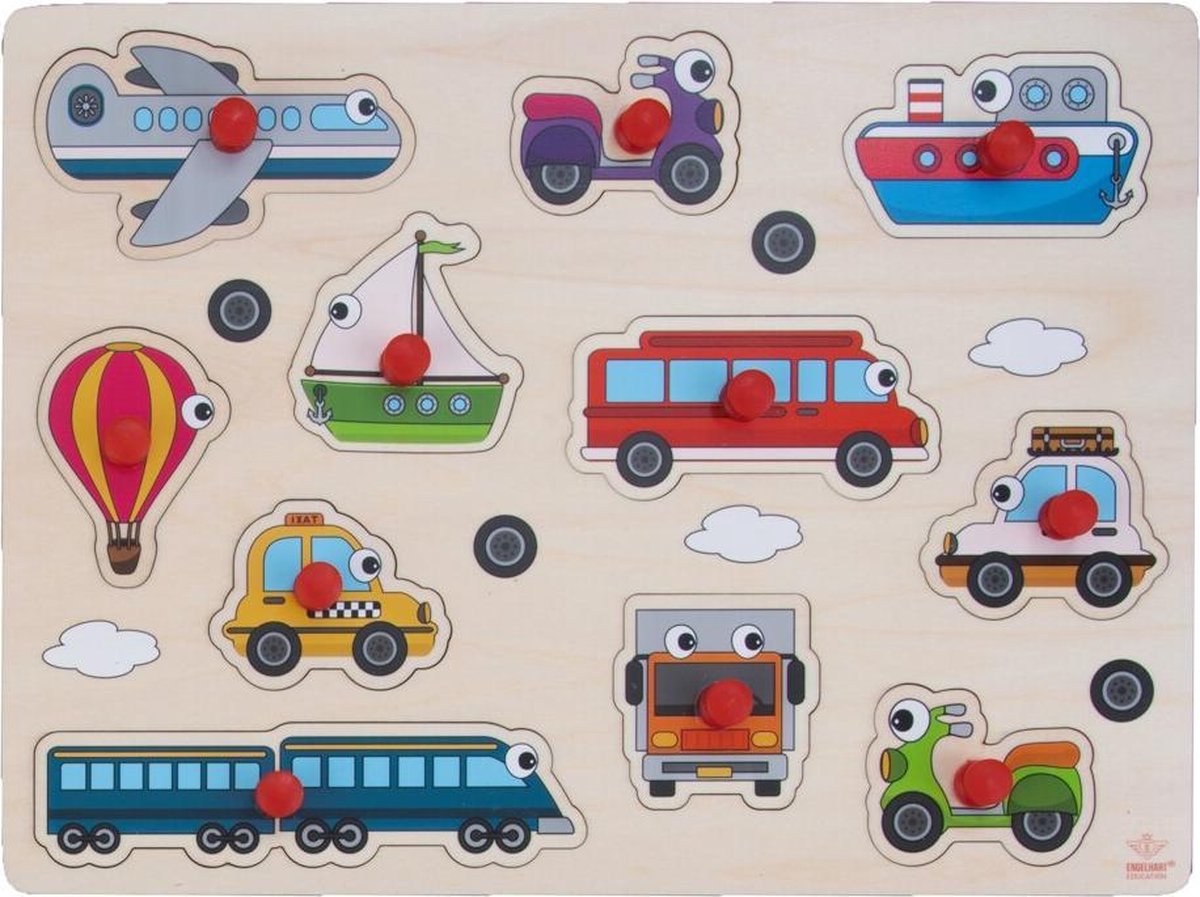 Engelhart Houten knopjes/noppen speelgoed puzzel voertuigen thema 30 x 22 cm - Educatief speelgoed voor kinderen