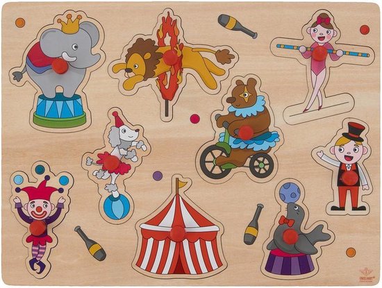 Engelhart Houten knopjes/noppen speelgoed puzzel circus thema 30 x 22 cm - Educatief speelgoed voor kinderen