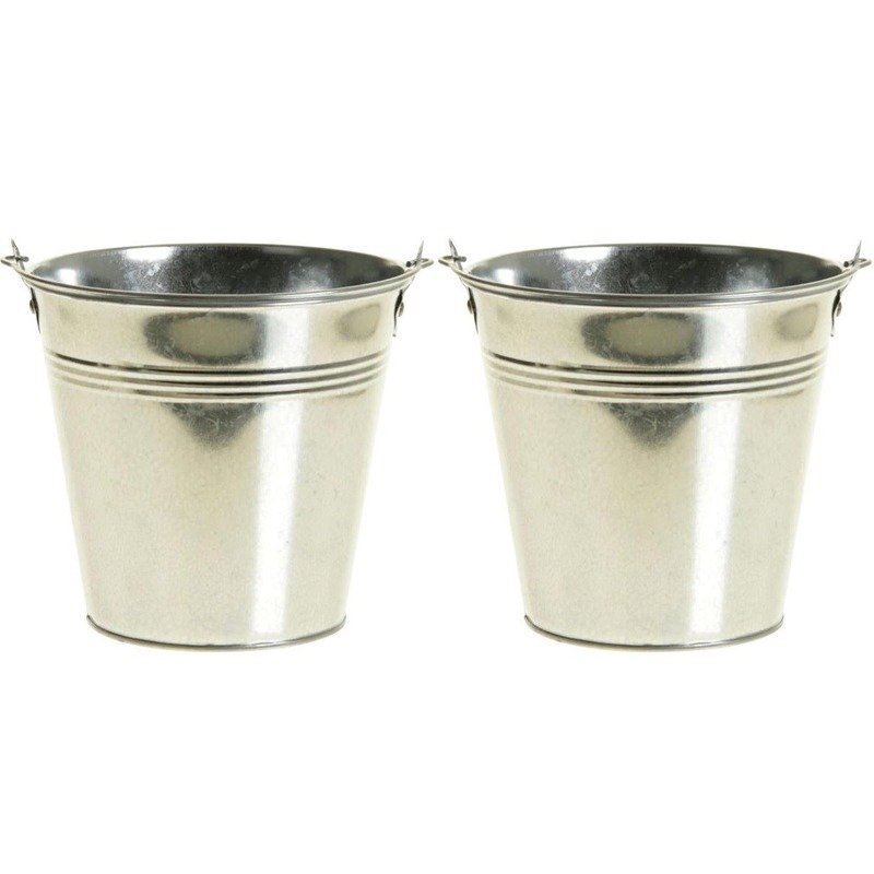 2x Zinken emmertjes/bloempotjes zilver 16cm - Zinken emmertjes - Bloememmertje - Decoratie emmer - Silver