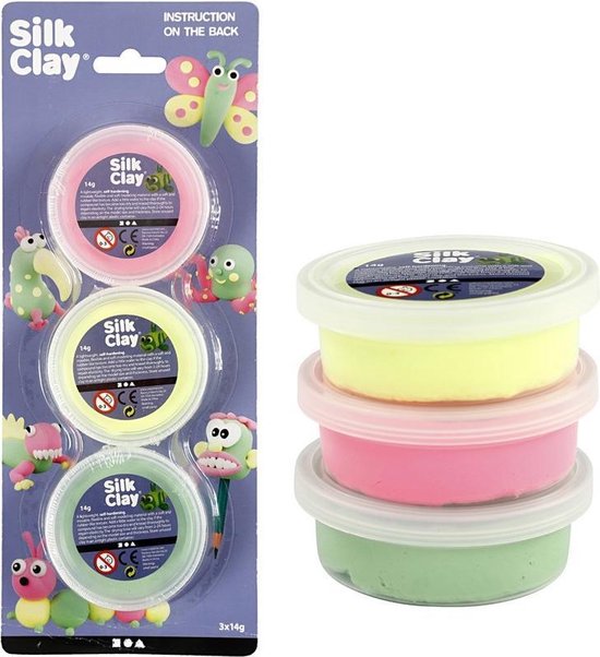 3x Neon Silk Clay klei 14 gram - Knutselset boetseerklei -/groen/geel - Roze