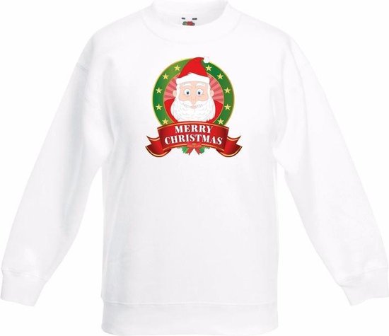 Bellatio Decorations Kerst sweater / Kersttrui voor kinderen met Kerstman print - wit - jongens en meisjes sweater