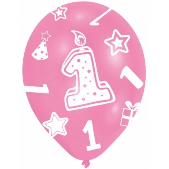 6x stuks ballonnen 1 jaar verjaardag feestartikelen versiering meisjes - Roze