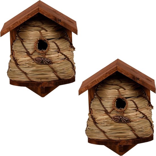 2x Vogelhuisjes/nestkastjes bijenkorf - Tuindecoratie nestkast vogelhuisjes - Bruin