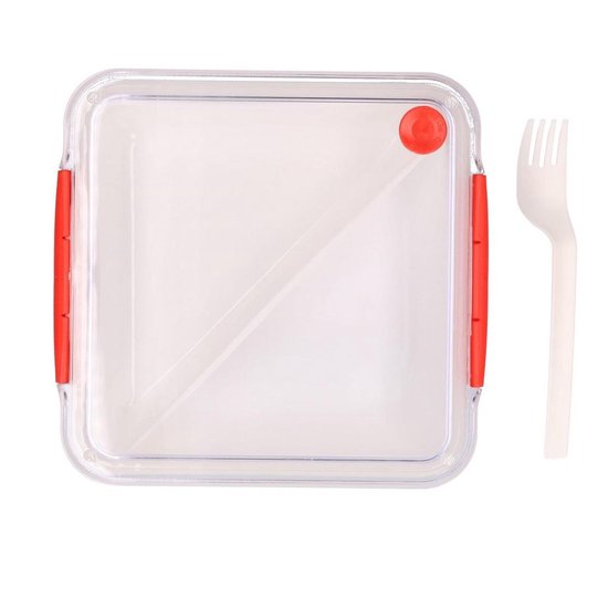 Transparant met rode lunchbox met vorkje 1000 ml - Voedselbewaar trommel/btrommel - Rood