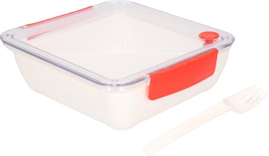 Transparant met rode lunchbox met vorkje 1000 ml - Voedselbewaar trommel/btrommel - Rood