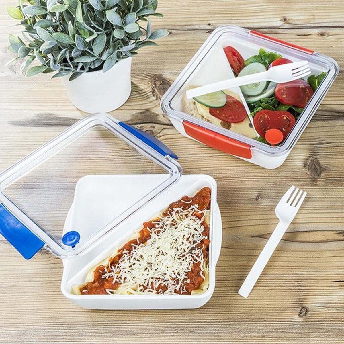 Transparant met rode lunchbox met vorkje 1000 ml - Voedselbewaar trommel/btrommel - Rood