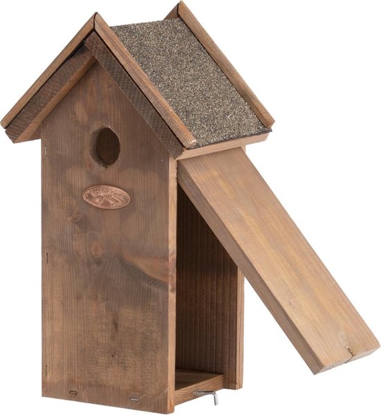 Houten vogelhuisje/nesthuisje koolmees 31.5 cm met kijkluik - Vurenhouten vogelhuisjes tuindecoraties - Vogelnestje voor kleine tuinvogeltjes - Bruin