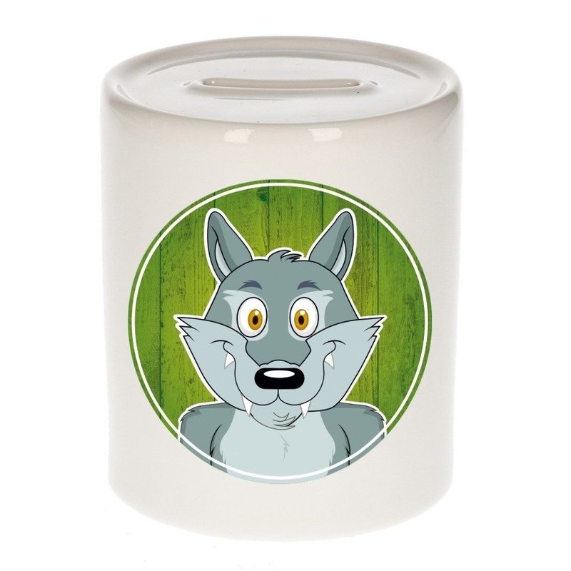 Bellatio Decorations Vrolijke wolf dieren spaarpot 9 cm - keramiek - spaarpotten voor kinderen