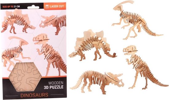 Houten 3D puzzel dinosaurus Triceratops 21 cm - Dino bouwspeelgoed Triceratops - Bruin