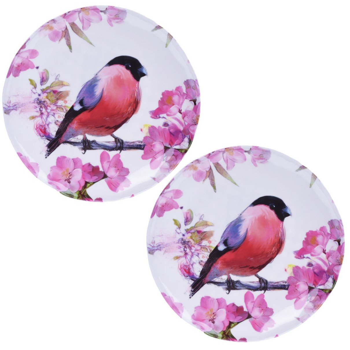 2x Borden met Goudvink vogel/dieren print melamine 27 cm - Keuken/kookbenodigdheden - Picknicken - Camping/caravan servies - Tafel dekken - Eten serveren - Dinerborden - Bordjes - Wit