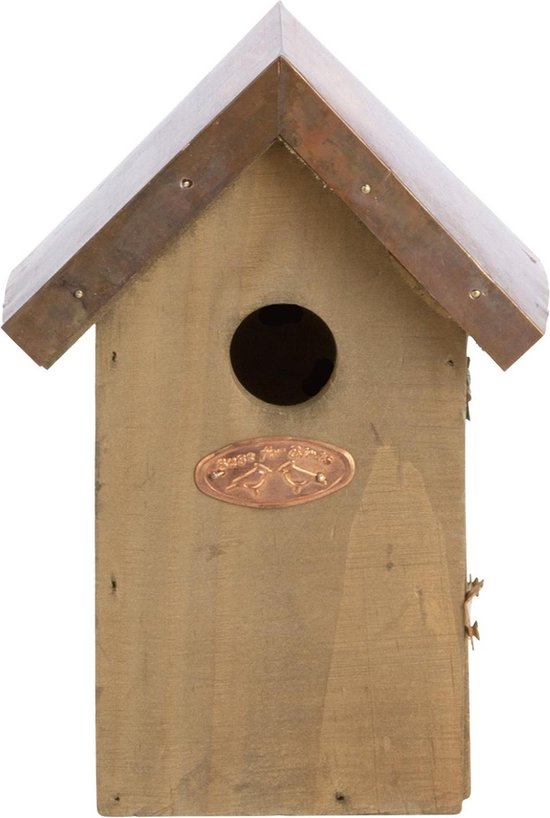 Houten vogelhuisje/nestkastje winterkoning koperen dak - Tuindecoratie vogelnest nestkast vogelhuisjes - tuindieren - Bruin