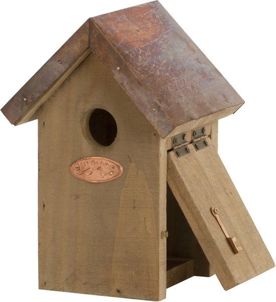 Houten vogelhuisje/nestkastje winterkoning koperen dak - Tuindecoratie vogelnest nestkast vogelhuisjes - tuindieren - Bruin