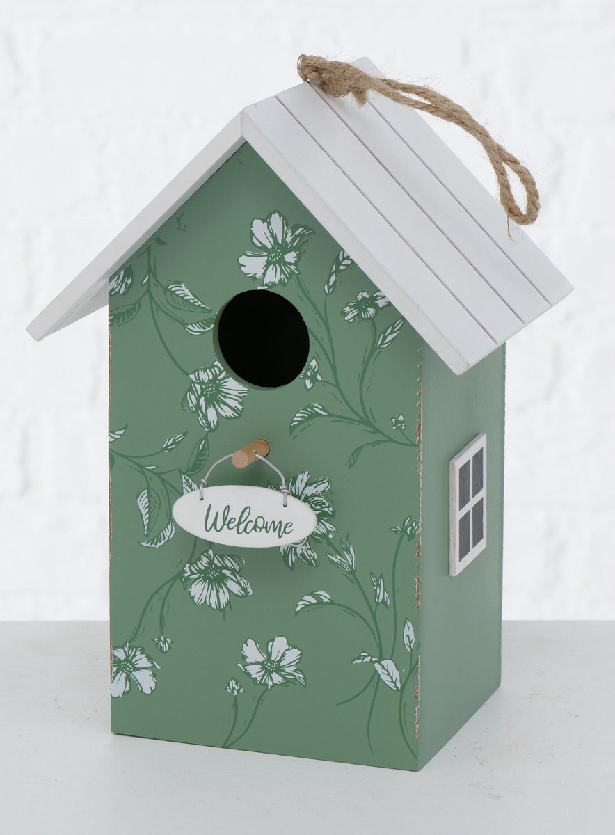 2x Vogelhuisje/nestkastjes groen/wit hout 22 cm - Vogelhuisjes tuindecoraties