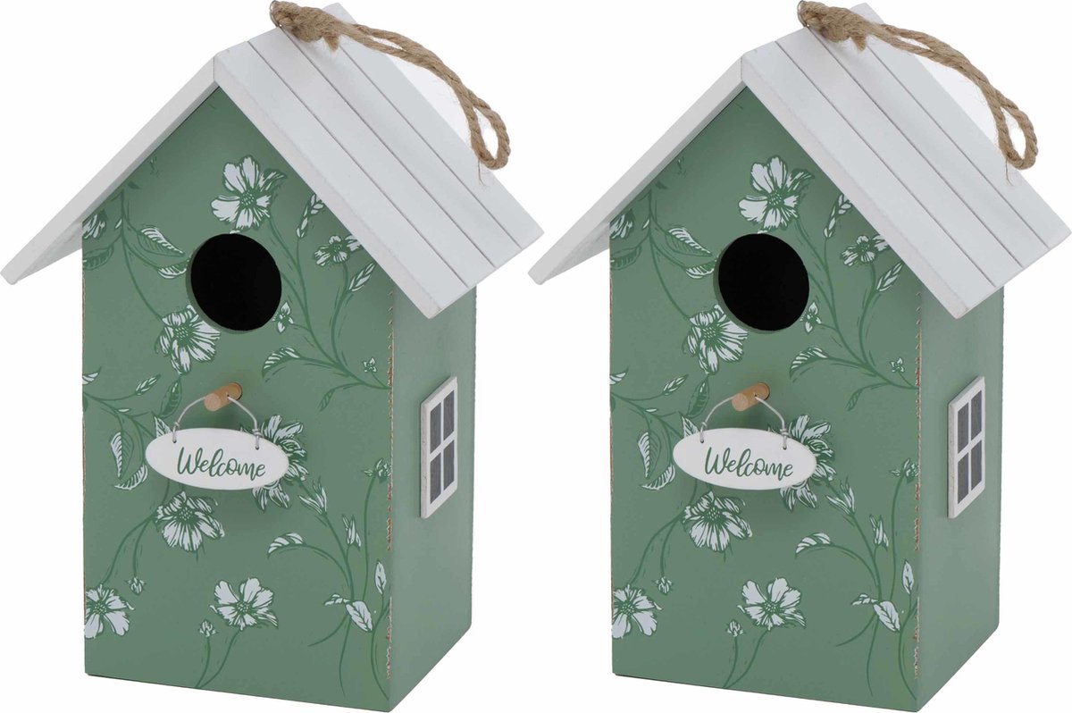 2x Vogelhuisje/nestkastjes groen/wit hout 22 cm - Vogelhuisjes tuindecoraties
