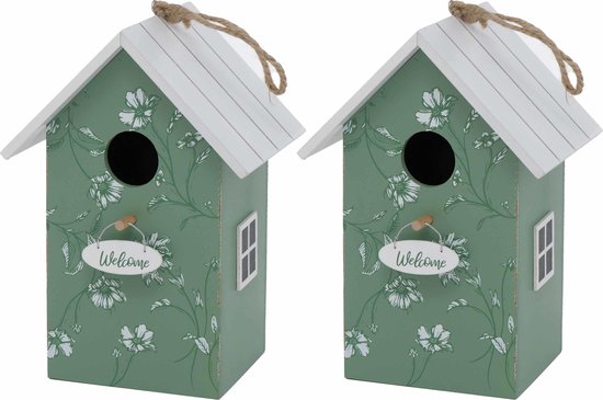 2x Vogelhuisje/nestkastjes groen/wit hout 22 cm - Vogelhuisjes tuindecoraties