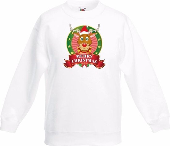 Bellatio Decorations Kerst sweater / Kersttrui voor kinderen met rendier Rudolf print jongens / meisjes sweater - Wit