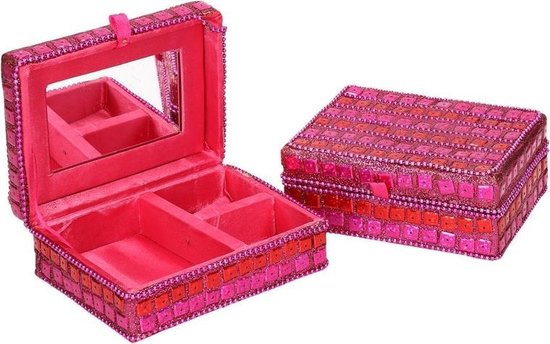sieradenkistje met glitters 8 x 10 cm - Juwelenkistje/sieradendoosje met spiegel - Roze