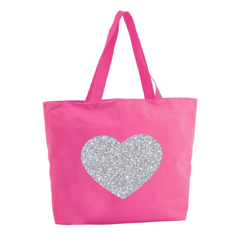 Bellatio Decorations Zilveren hart glitter shopper tas - fuchsia - 47 x 34 x 12,5 cm - boodschappentas / strandtas - Roze