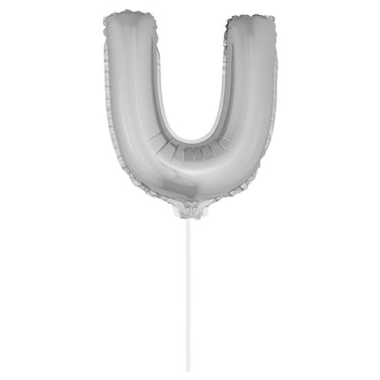 Zilveren opblaas letter ballon U op stokje 41 cm - Silver