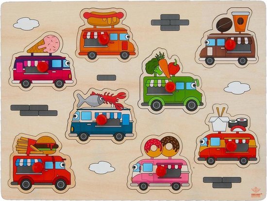 Engelhart Houten knopjes/noppen speelgoed puzzel foodtruck thema 30 x 22 cm - Educatief speelgoed voor kinderen