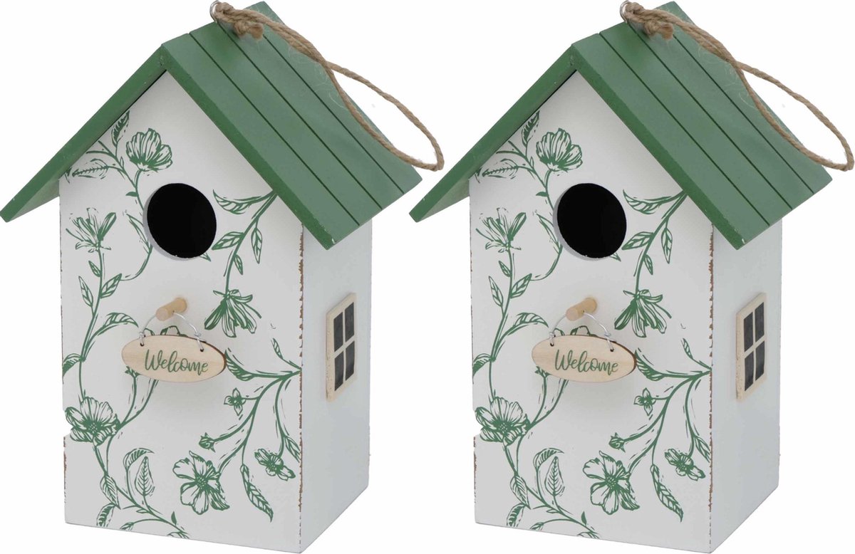 2x Vogelhuisje/nestkastjes wit/groen hout 22 cm - Vogelhuisjes tuindecoraties