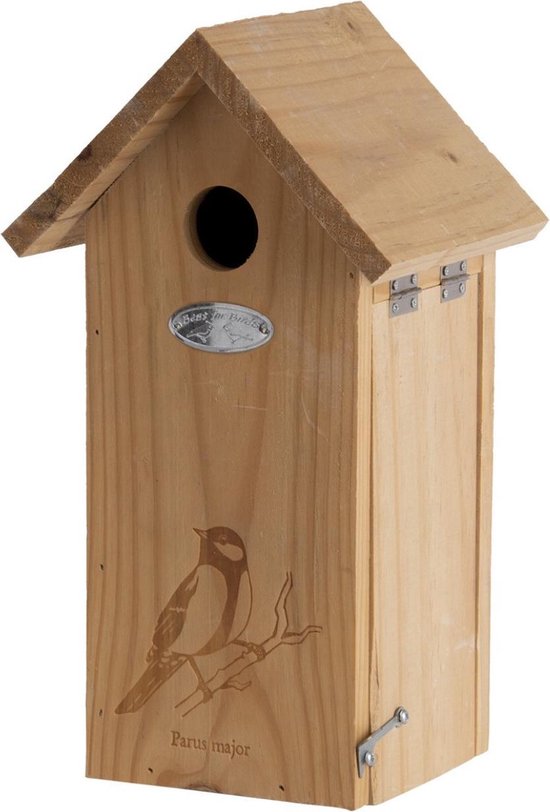 Houten vogelhuisje/nesthuisje koolmees met silhouet 30 cm met kijkluik - Vurenhouten vogelhuisjes tuindecoraties - Bruin