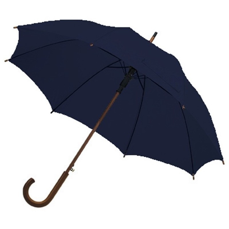 Navy blauwe luxe paraplu met houten handvat in haakvorm 103 cm - Paraplu - Regen