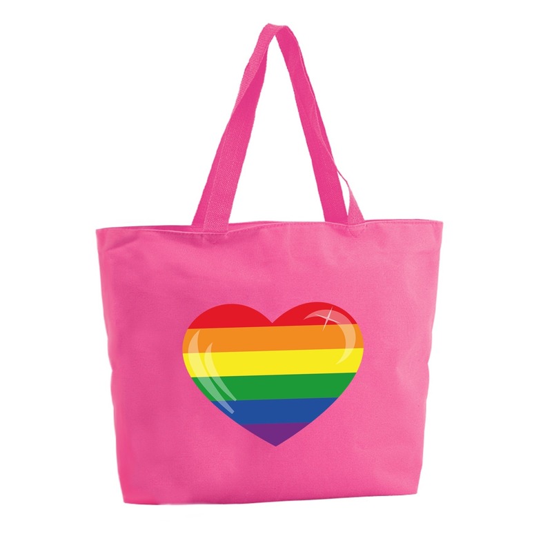 Bellatio Decorations Regenboog hart shopper tas - fuchsia - 47 x 34 x 12,5 cm - boodschappentas / strandtas - Roze