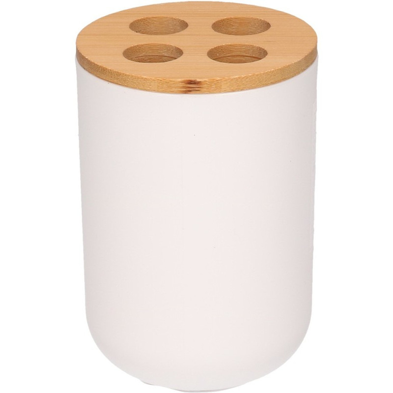 te tandenborstel houder met bamboe 11 cm - 300 ml - Badkameraccessoires - Drinkbeker - Wit