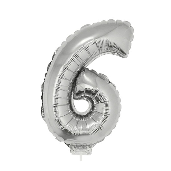 Zilveren opblaas cijfer ballon 6 op stokje 41 cm - Silver