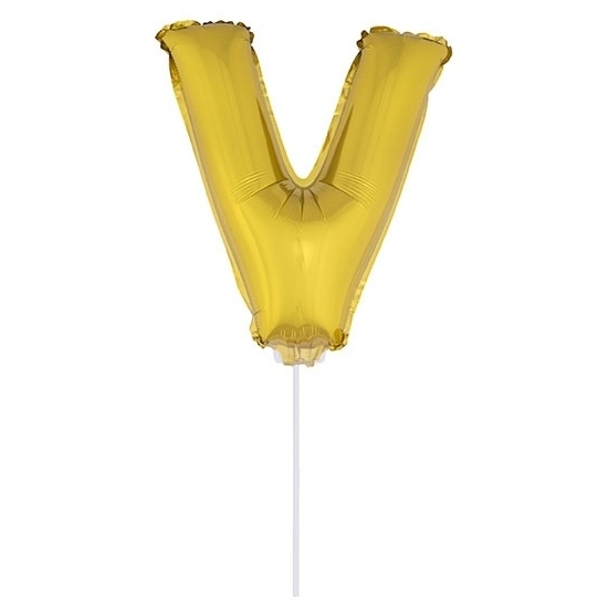 en opblaas letter ballon V op stokje 41 cm - Goud