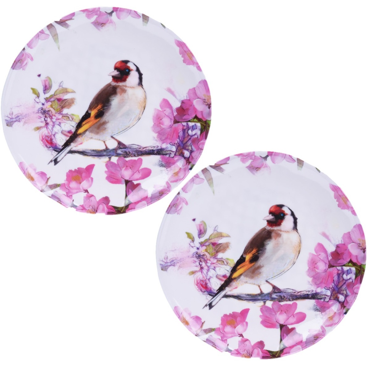 2x Borden met Putter vogel/dieren print melamine 27 cm - Keuken/kookbenodigdheden - Picknicken - Camping/caravan servies - Tafel dekken - Eten serveren - Dinerborden - Bordjes - Wit