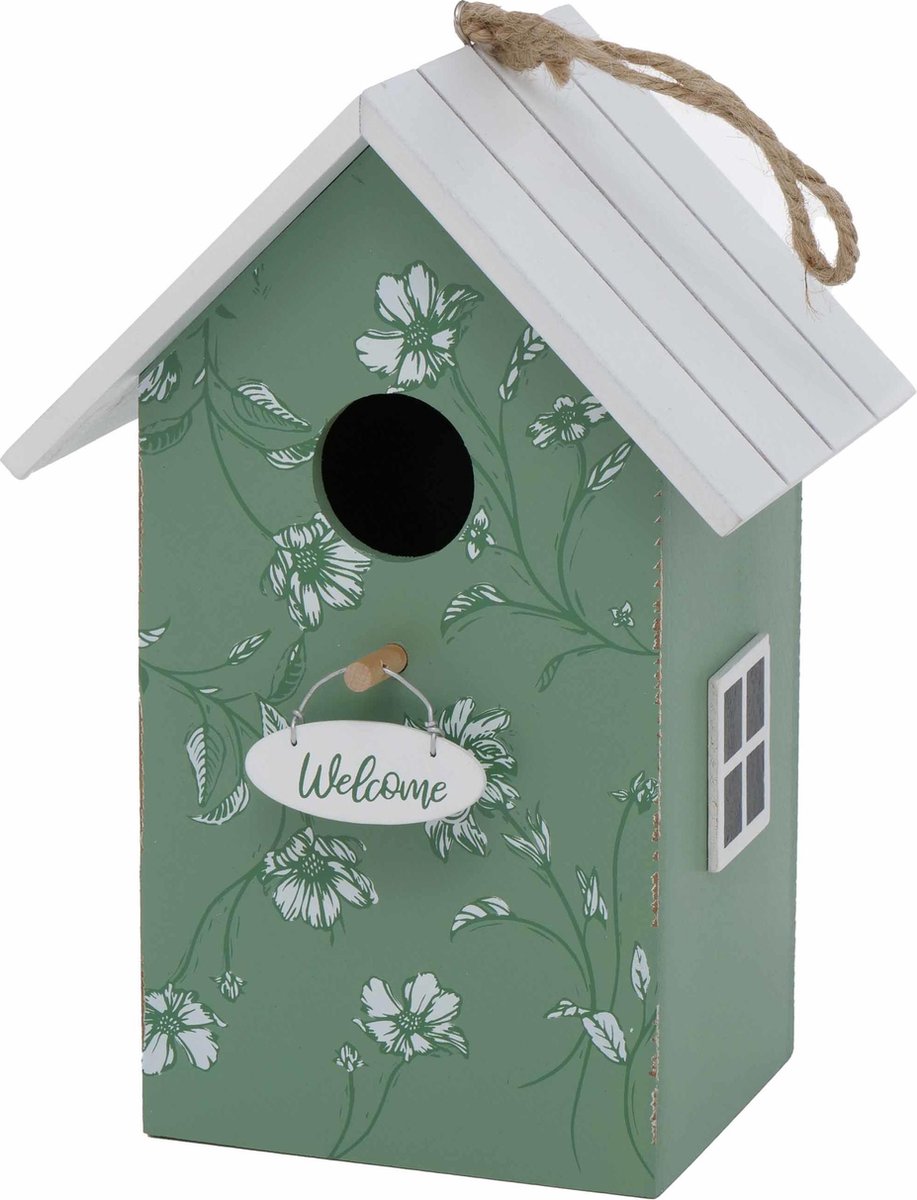 Vogelhuisje/nestkastjes groen/wit hout 22 cm - Vogelhuisjes tuindecoraties