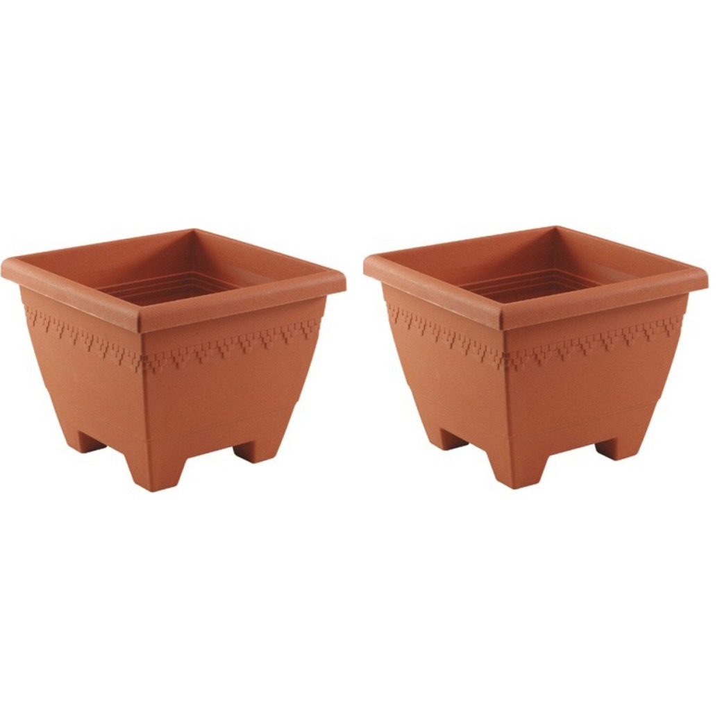 Hega Hogar Set van 2x stuks terracotta vierkante plantenpotten/bloempotten Lima 30 cm kunststof - Bloempotten/plantenpotten voor binnen/buiten - Bruin