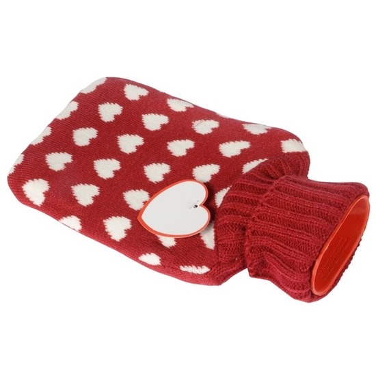 Rode kruik met hartjes hoes 0,75 liter - Warmwaterkruik met pluche hoes/kruikenzak - Valentijnsdag cadeau - Rood