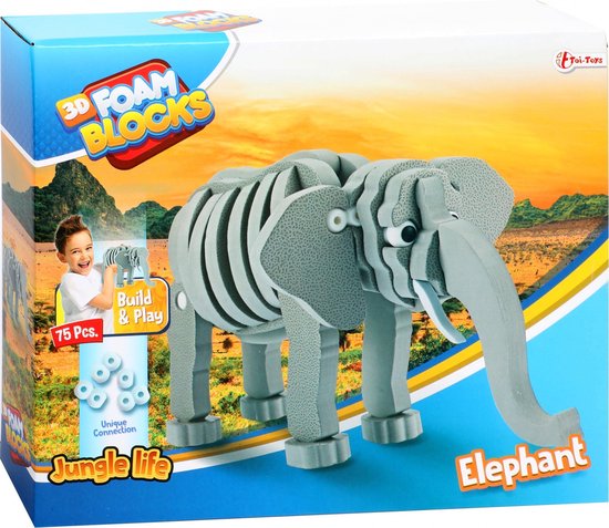Toi-Toys 3D puzzel olifant junior 31,5 cm foam 75-delig - Grijs