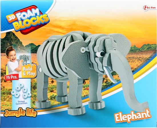 Toi-Toys 3D puzzel olifant junior 31,5 cm foam 75-delig - Grijs