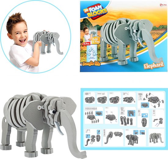 Toi-Toys 3D puzzel olifant junior 31,5 cm foam 75-delig - Grijs