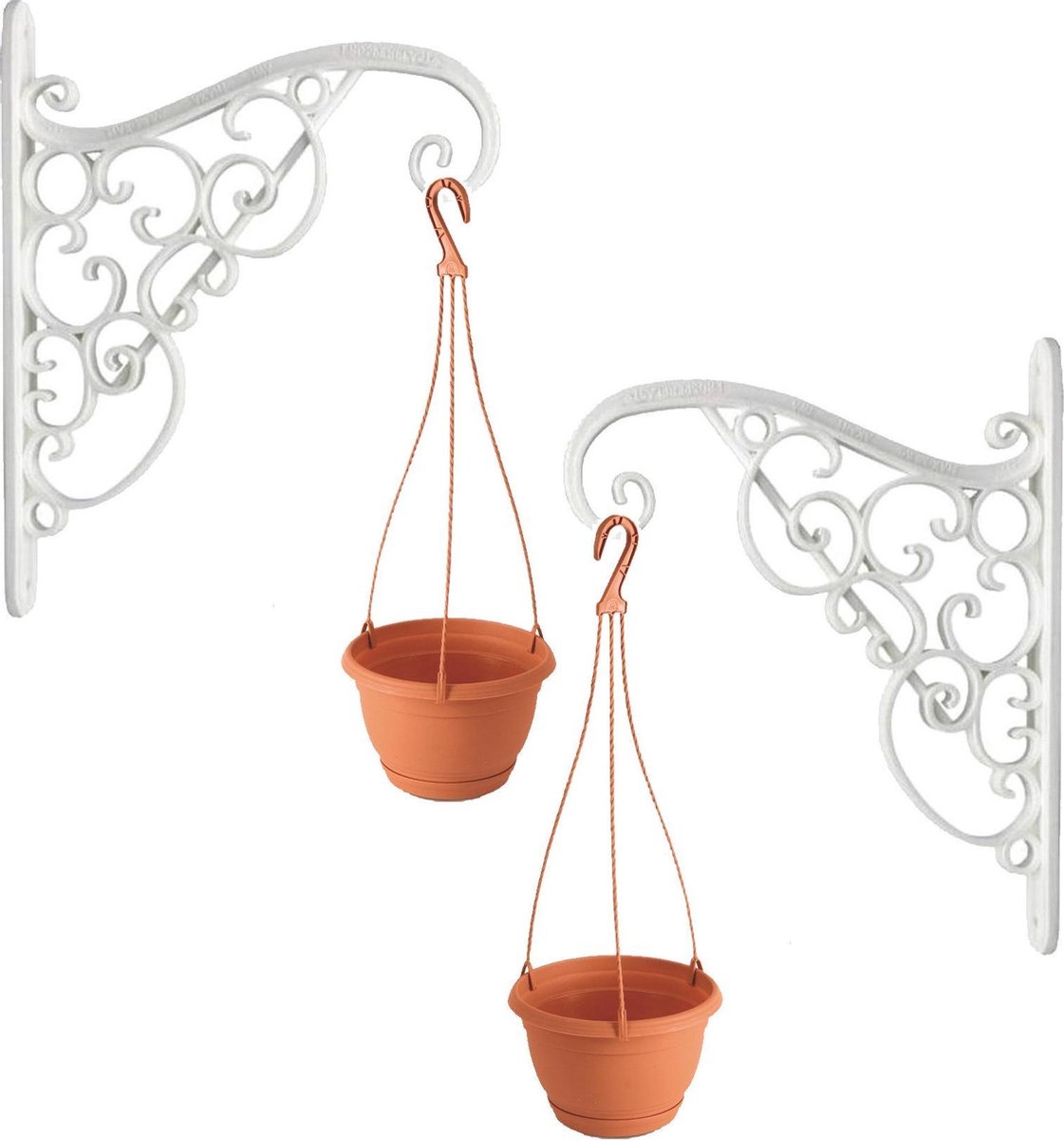Set van tweete sierlijke bloempothangers/bloempot haken inclusief hangende bloempotten terracotta 1,2 liter - Tuindecoratie - Wit